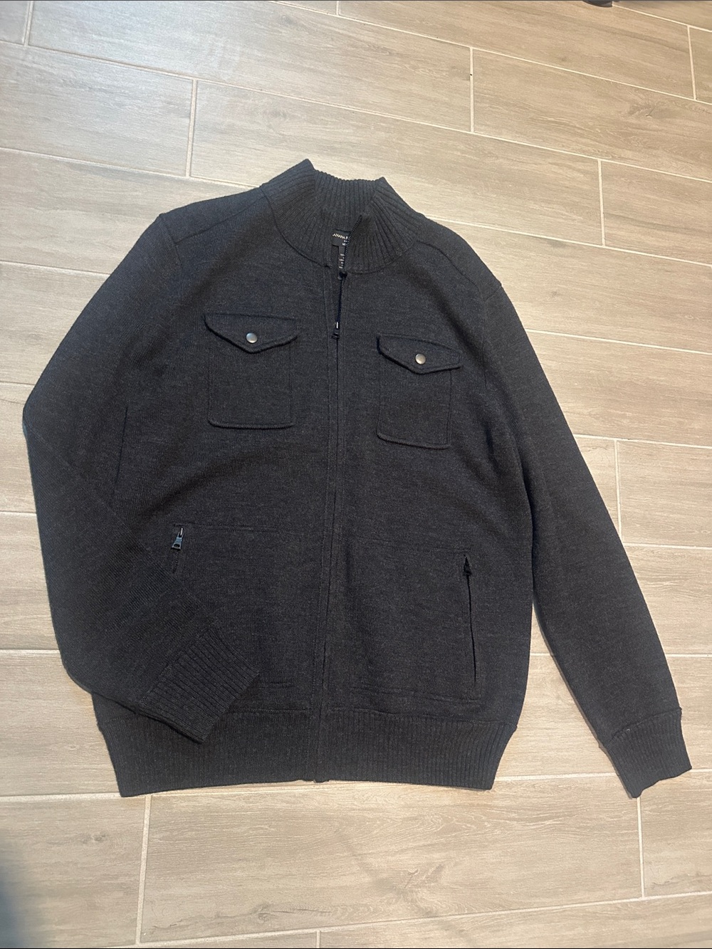 Banana Republic Men's Black Zip-Up Knit Sweater Jacket with Stand Collar